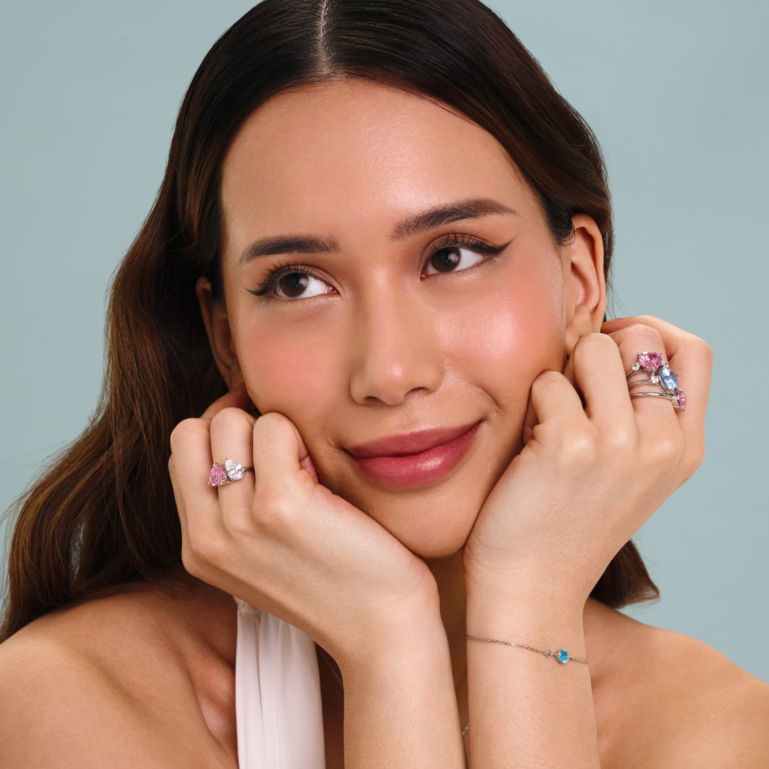 Серебряное кольцо Toi et Moi с фианитами в гранках сердце и груша