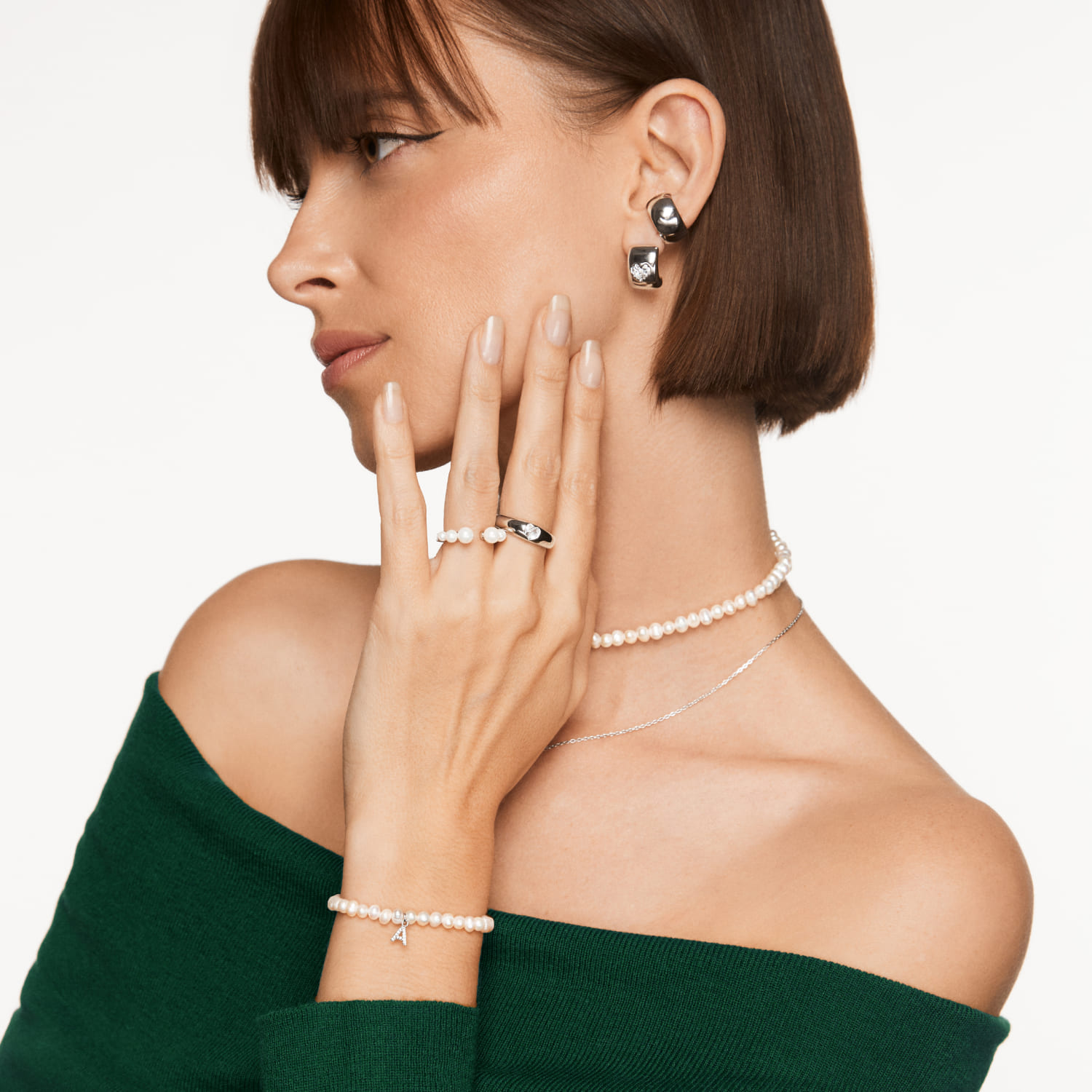 Браслет жемчуг на руку серебро 925 с буквой А