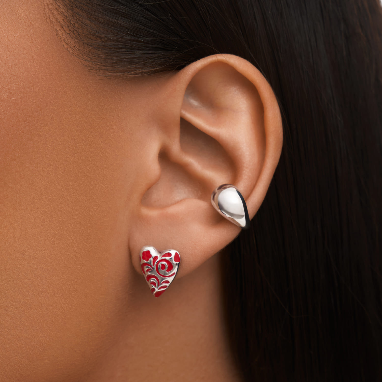 Серебряные серьги в виде сердечек с красным узором РУССКИЙ КОД