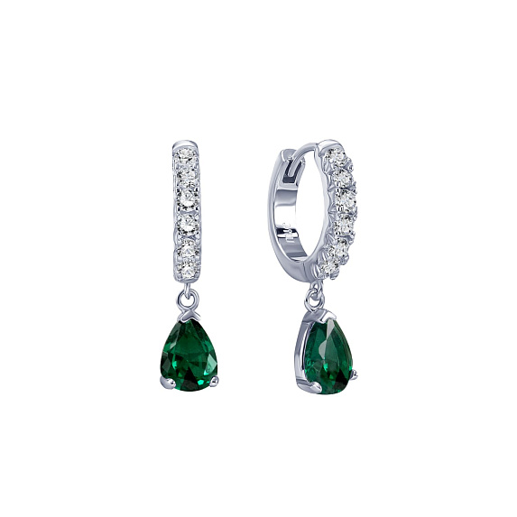 Серебряные серьги-подвесы с зелёными фианитами в виде капли Miestilo