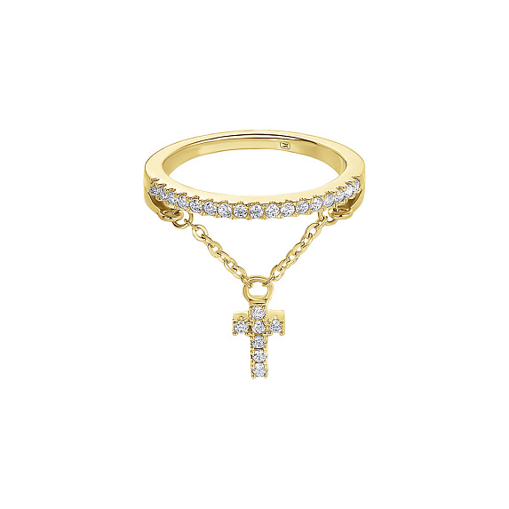 Серебряное кольцо с дорожкой из фианитов и подвеской в виде крестика на цепочке в позолоте Miestilo