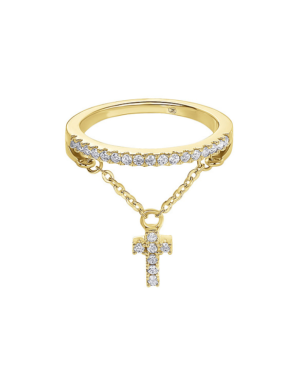 Серебряное кольцо с дорожкой из фианитов и подвеской в виде крестика на цепочке в позолоте Miestilo