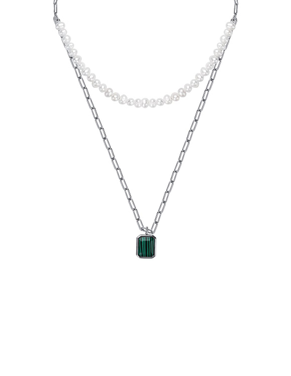 Серебряное двойное колье с синтетическим малахитом и культивированным речным жемчугом MIESTILO  Miestilo  2