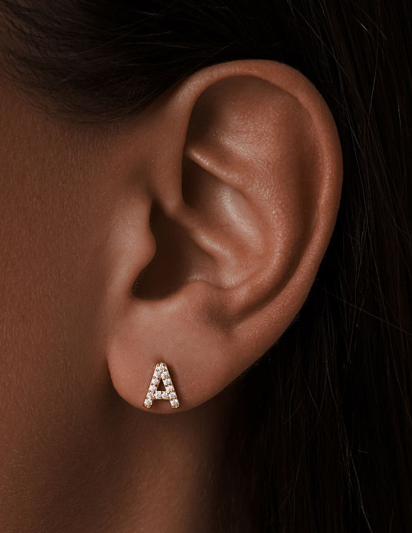 Моносерьга серебро 925 гвоздик c буквой А в позолоте Miestilo