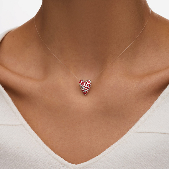 Серебряная подвеска в виде сердечка с красным узором РУССКИЙ КОД Miestilo