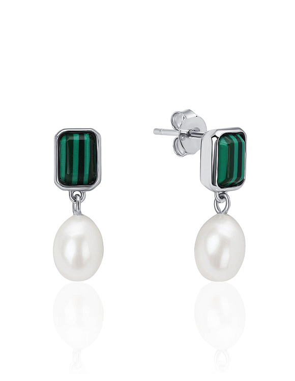 Серебряные серьги с синтетическим малахитом и культивированным речным жемчугом MIESTILO  Miestilo  2