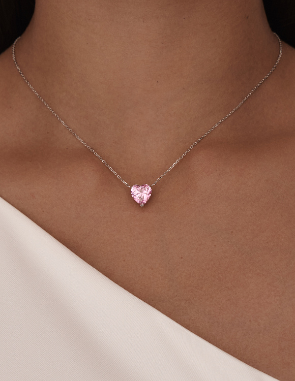 Серебряное колье сердце с розовым фианитом Miestilo