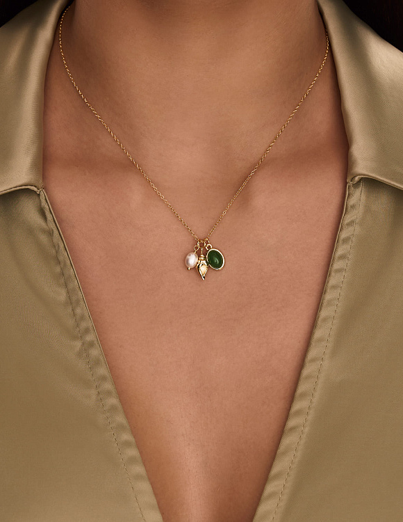 Серебряное колье позолоченное с авантюрином в огранке кабошон и нат. жемчугом Miestilo