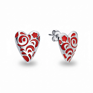 Серебряные серьги в виде сердечек с красным узором РУССКИЙ КОД Miestilo