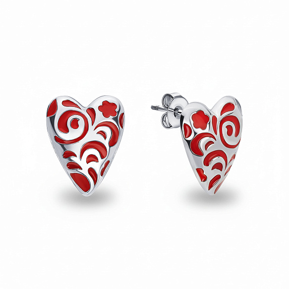 Серебряные серьги в виде сердечек с красным узором РУССКИЙ КОД Miestilo