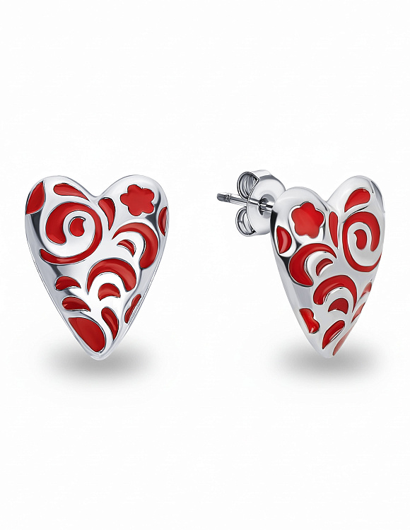 Серебряные серьги в виде сердечек с красным узором РУССКИЙ КОД Miestilo  2