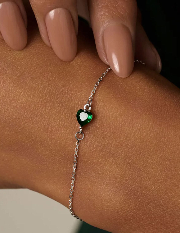 Браслет серебро 925 серебряный сердце зеленый на руку Miestilo