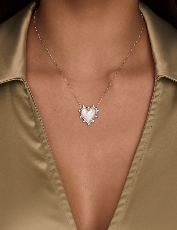 Серебряное колье сердце с натуральным перламутром и фианитами 21мм Miestilo