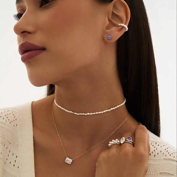 Серебряные пусеты с фиолетовыми фианитами  Miestilo