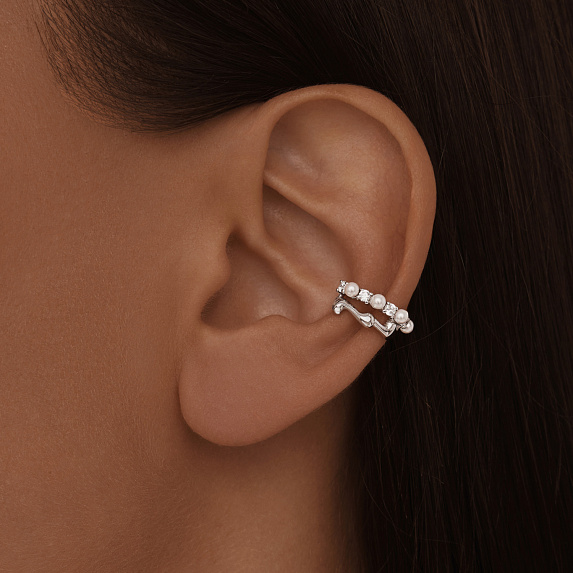 Серебряный кафф с фианитами и синтетическим жемчугом Miestilo