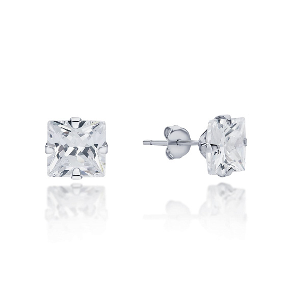 Серьги пусеты 8*8  Белыми фианитами Miestilo