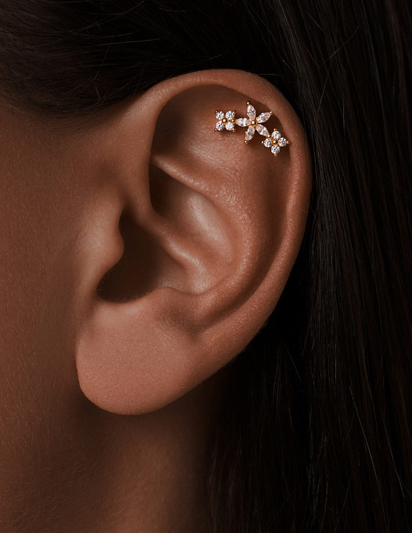 Серебряный пирсинг с фианитами в позолоте Miestilo