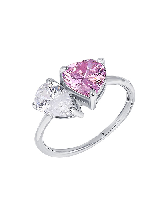 Серебряное кольцо Toi et Moi с фианитами в гранках сердце и груша Miestilo  2