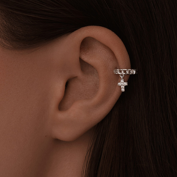 Серебряная моносерьга кольцо крест с фианитами Miestilo