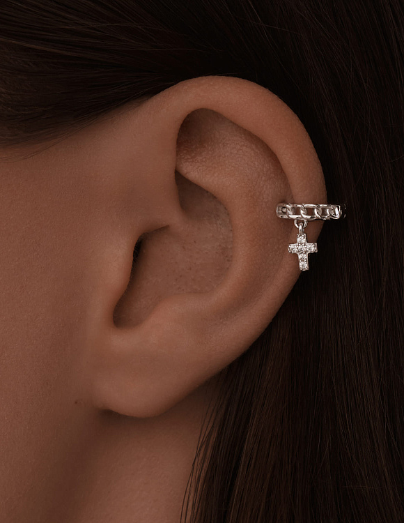 Серебряная моносерьга кольцо крест с фианитами Miestilo