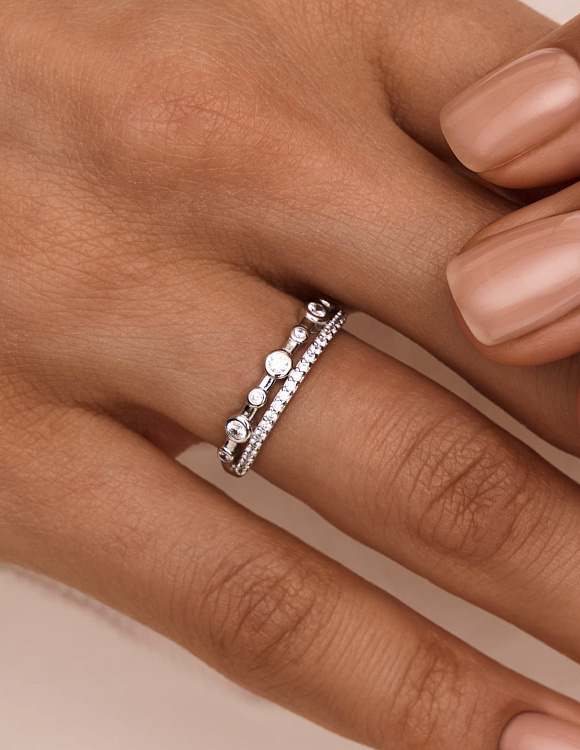 Серебярное кольцо двойное с фианитами в круглой огранке Miestilo