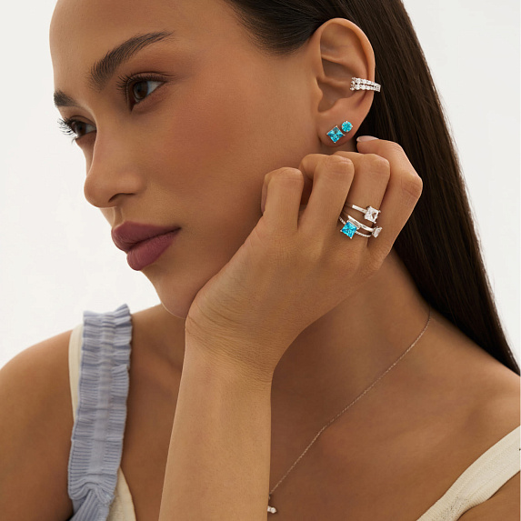 Серебряные пусеты с голубыми фианитами  Miestilo