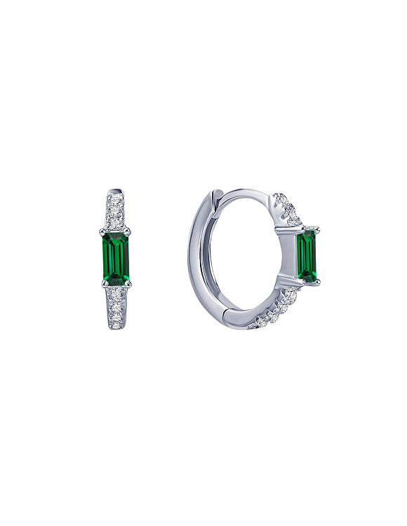 Миниатюрные серебряные серьги-кольца с зелёными фианитами в огранке багет Miestilo  2