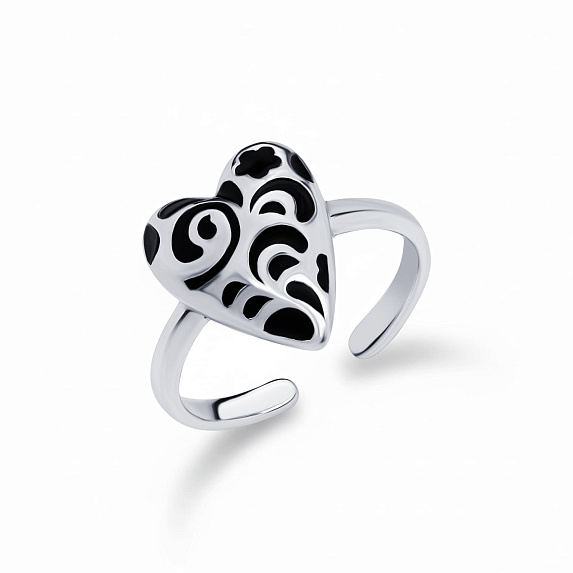 Серебряное кольцо в виде сердечка с черным узором РУССКИЙ КОД Miestilo