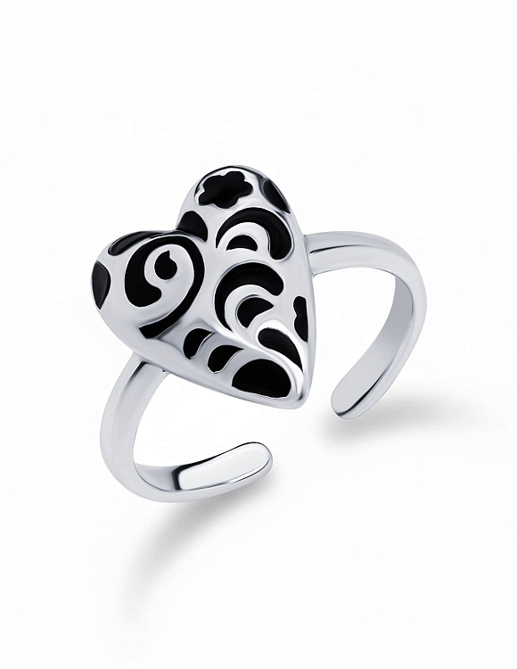 Серебряное кольцо в виде сердечка с черным узором РУССКИЙ КОД Miestilo  2
