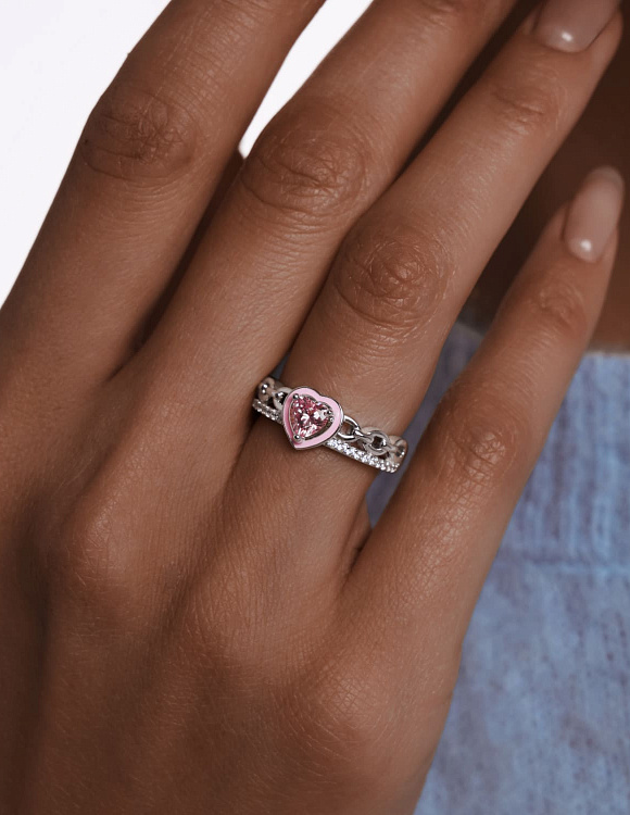 Серебряное кольцо с фианитом сердце и эмалью Miestilo