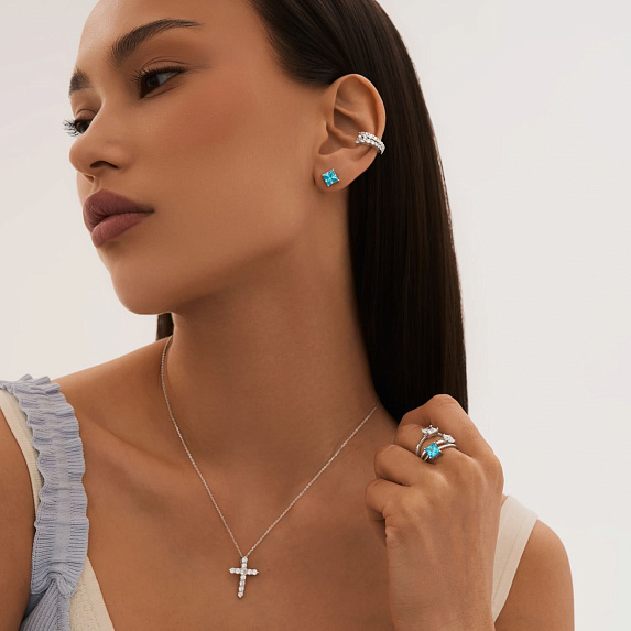 Серебряные пусеты с голубыми фианитами  Miestilo