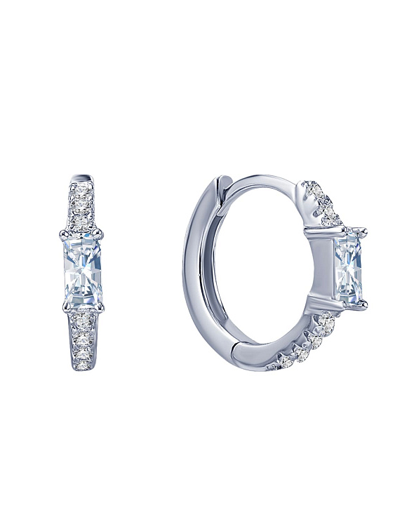 Миниатюрные серебряные серьги-кольца с белыми фианитами в огранке багет Miestilo  2