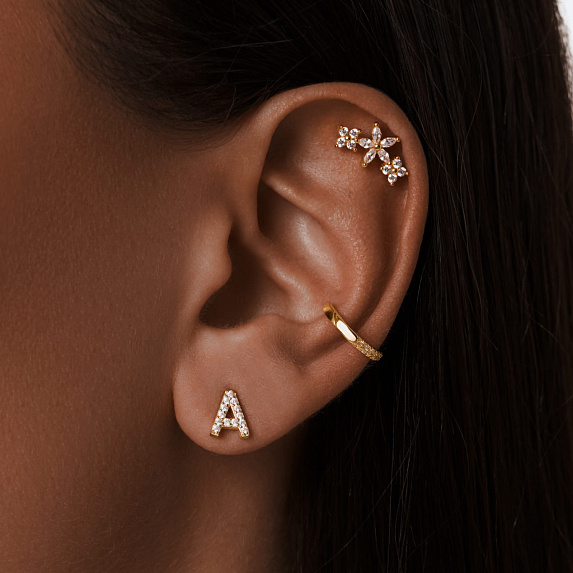 Моносерьга серебро 925 гвоздик c буквой А в позолоте Miestilo