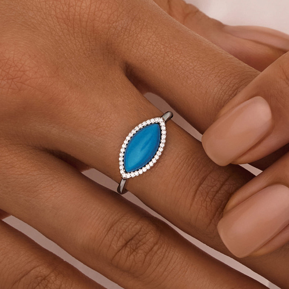 Серебряное кольцо с искуственной бирюзой и фианитами Miestilo