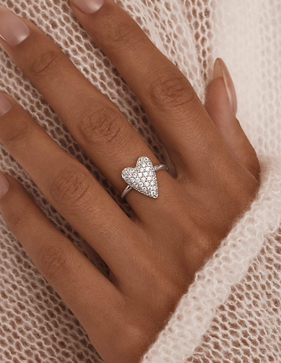 Регулируемое серебряное кольцо сердце с фианитами MIESTILO  Miestilo