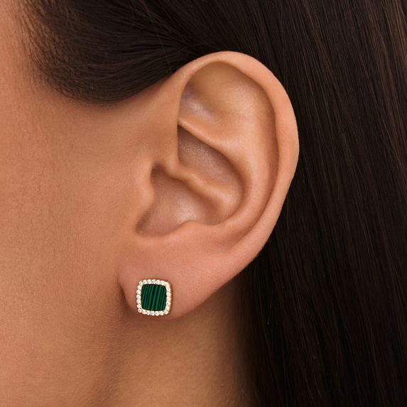 Серебряные серьги пусеты с синтетическим малахтом Miestilo