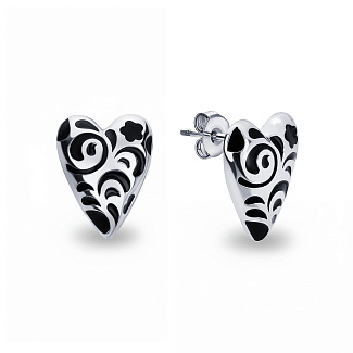 Серебряные серьги в виде сердечек с черным узором РУССКИЙ КОД Miestilo