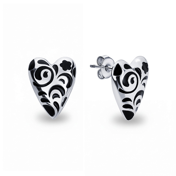 Серебряные серьги в виде сердечек с черным узором РУССКИЙ КОД Miestilo