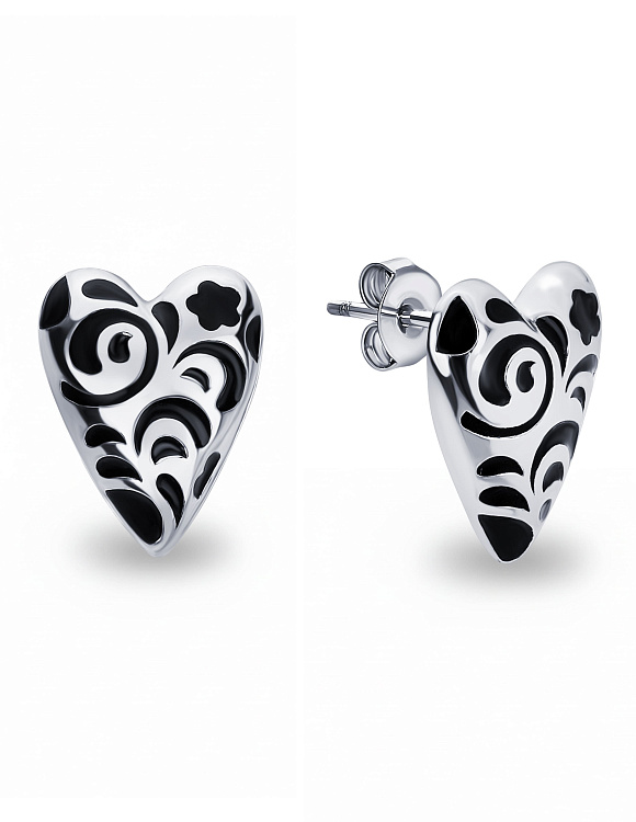 Серебряные серьги в виде сердечек с черным узором РУССКИЙ КОД Miestilo  2