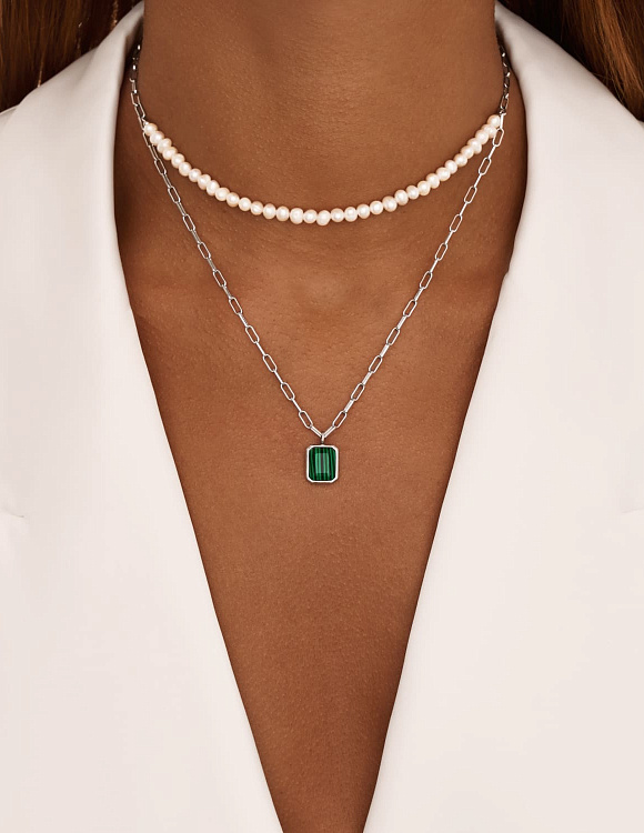 Серебряное двойное колье с синтетическим малахитом и культивированным речным жемчугом MIESTILO  Miestilo