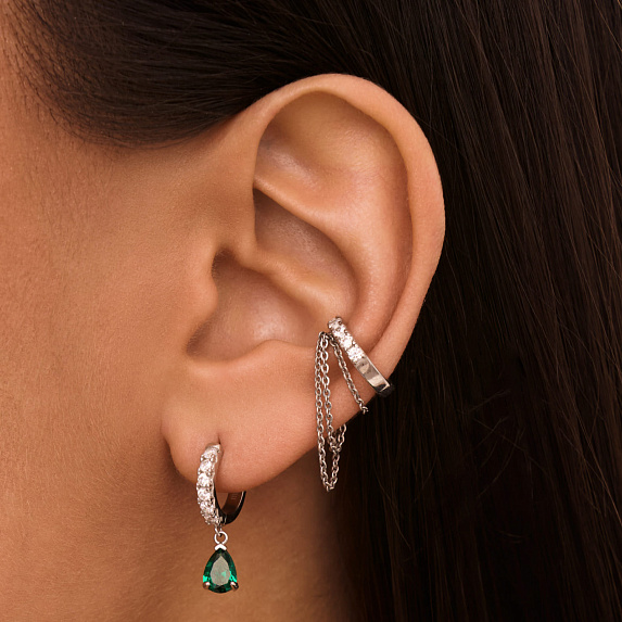 Серебряные серьги-подвесы с зелёными фианитами в виде капли Miestilo