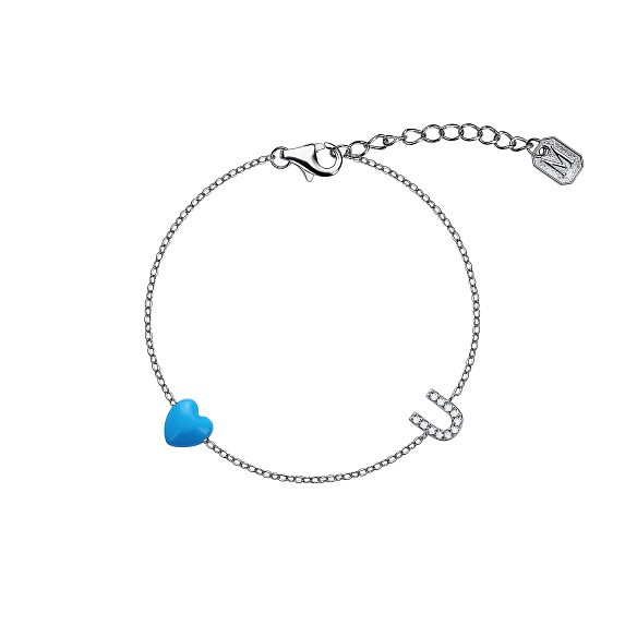 Серебряный браслет с сердцем из иск. Бирюзы и буквой U из фианитов Miestilo