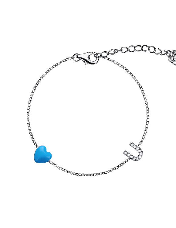 Серебряный браслет с сердцем из иск. Бирюзы и буквой U из фианитов Miestilo  2