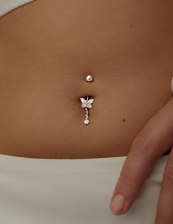 Пирсинг в пупок серебро 925 с фианитами бабочка Miestilo