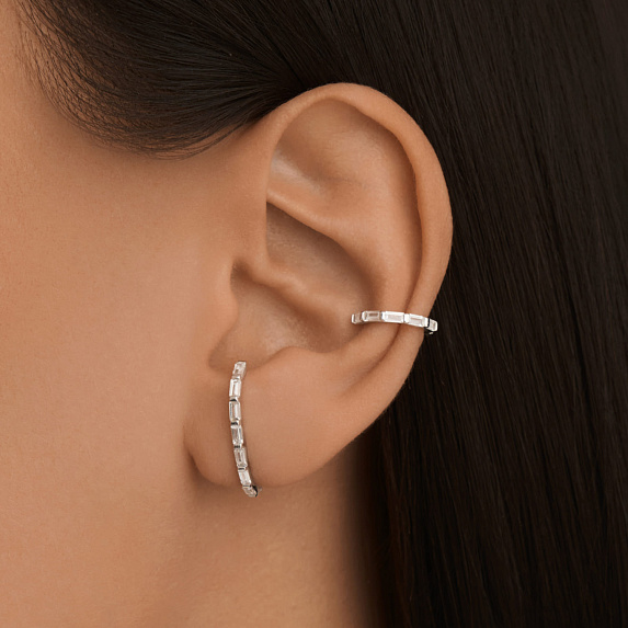 Серьги скобы с белыми фианитами в огранке багет Miestilo