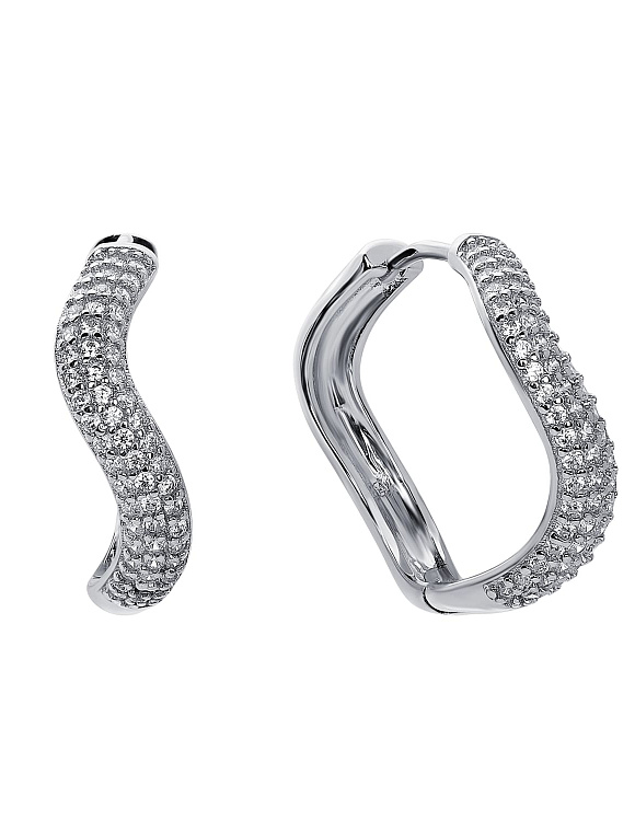 Серебряные серьги кольца волна с фианитами Miestilo  2