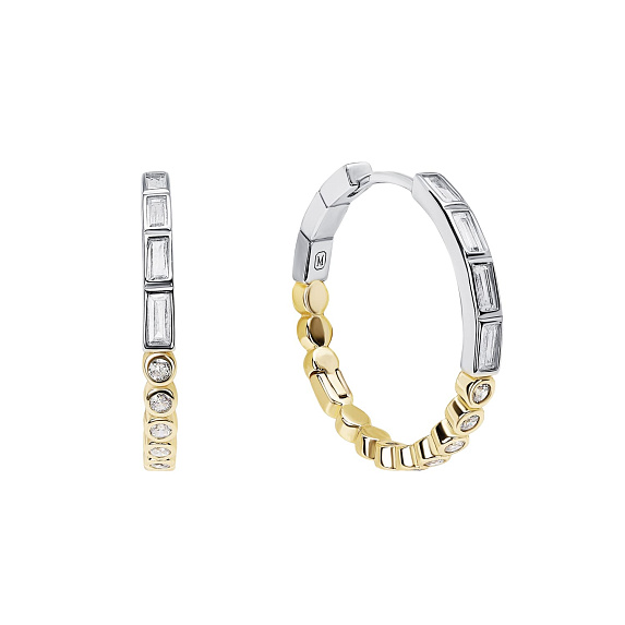 Серебряные серьги кольца биколор с фианитами Miestilo