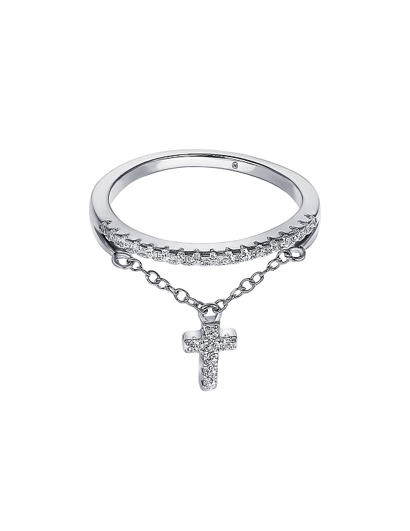 Серебряное кольцо с дорожкой из фианитов и подвеской в виде крестика на цепочке Miestilo  2