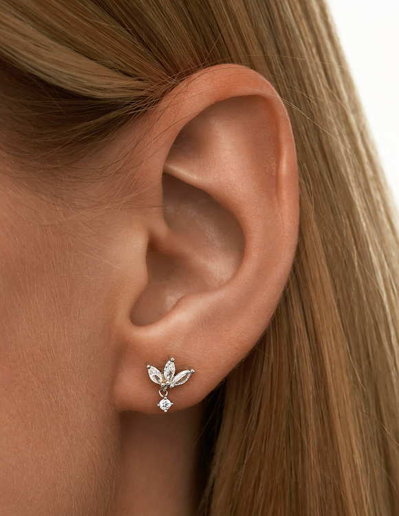 Серьги серебро 925 серебряные гвоздики с камнями листья Miestilo