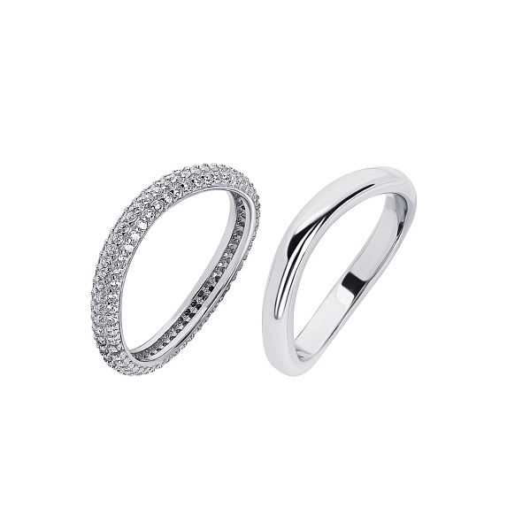 Серебряный сет из двух колец волна гладкое и с фианитами Miestilo